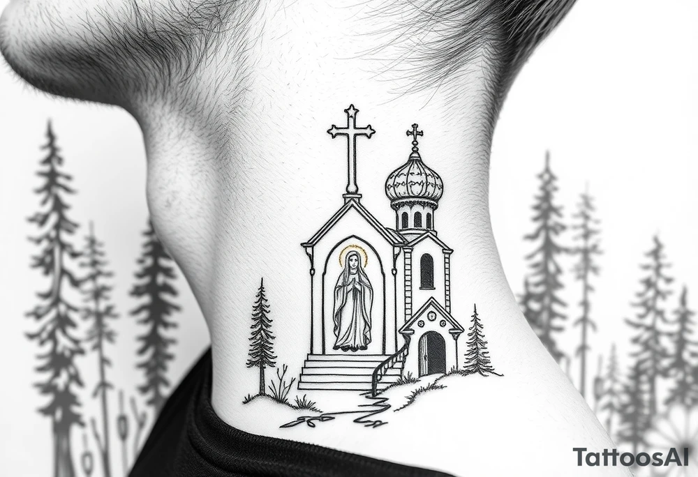 russian coat arms traditional christian orthodox cross with a virgin mary stood in the entrance of a russian orthodox dome church on the side of the neck in a wilderness setting tattoo idea