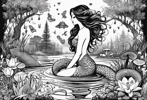 Mermaid silhouette surrounded by musical notes in a bayou that has cypress trees, mushrooms, lily pads, frogs, and bugs tattoo idea