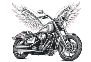Harley grey motorcycle driving away, flames, angel wings tattoo idea