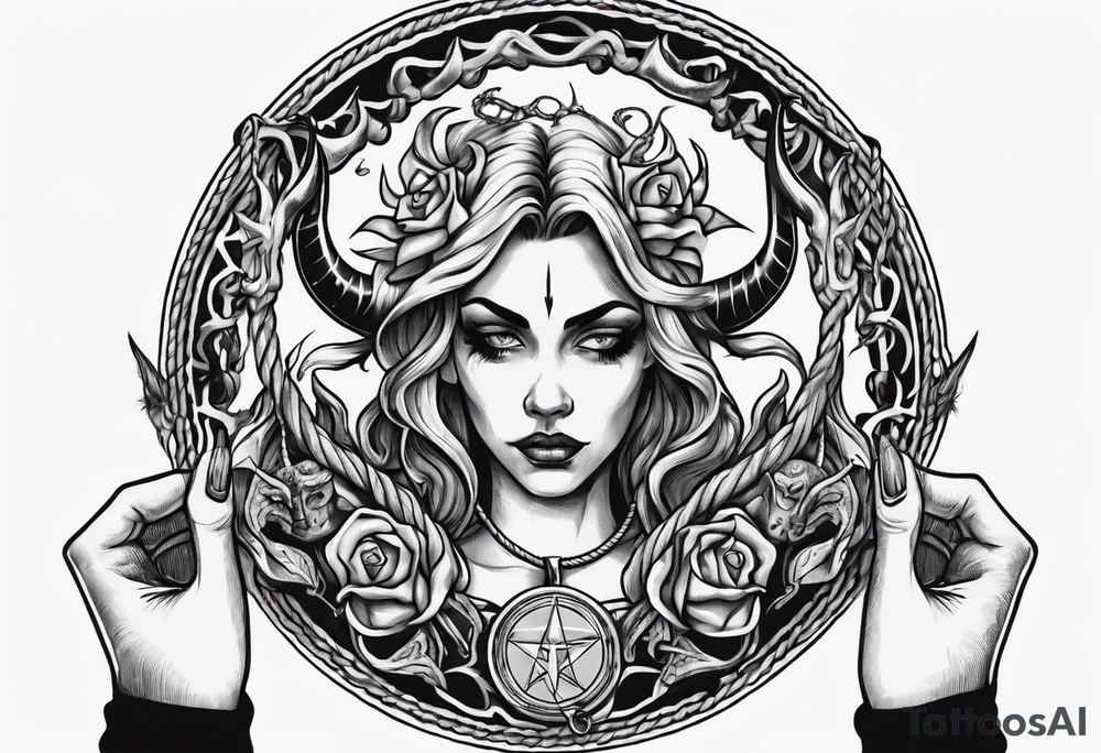 woman hand holding satan medallion on a rope tattoo idea