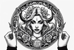 woman hand holding satan medallion on a rope tattoo idea