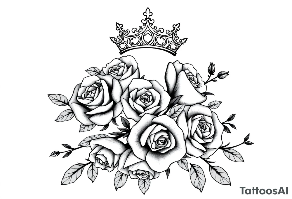 detailed beautiful gothic boho flowers and roses on vine with gorgeous crown ornamental tattoo idea