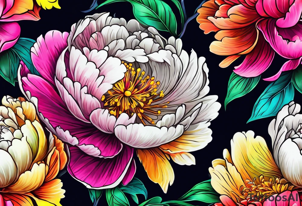 beautiful. colorful, neon, multicolored peony, white background, highly detailed, new school, new school style, street style, streetwear, urban wear tattoo idea