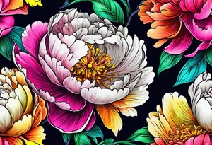 beautiful. colorful, neon, multicolored peony, white background, highly detailed, new school, new school style, street style, streetwear, urban wear tattoo idea