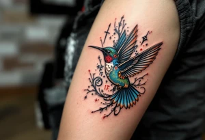 A hummingbird flying through a cartouche (Egyptian nameplate) that spells out a meaningful word like “Life” or “Strength.”(only red , blue and black are possible colors) tattoo idea