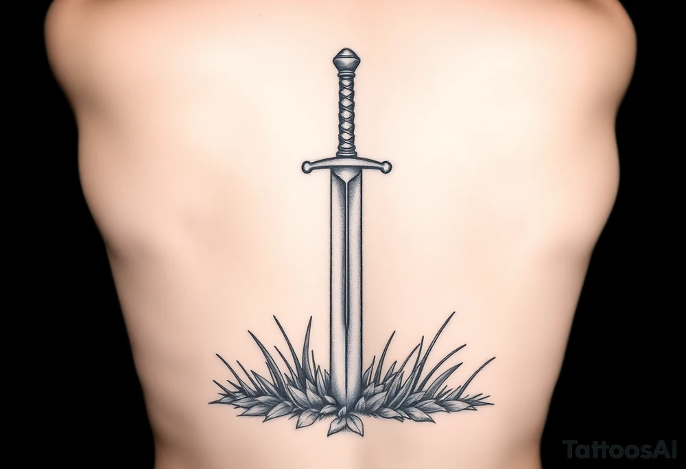 realistic sword in the ground with light grass showing humbleness. tattoo idea