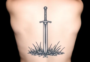 realistic sword in the ground with light grass showing humbleness. tattoo idea