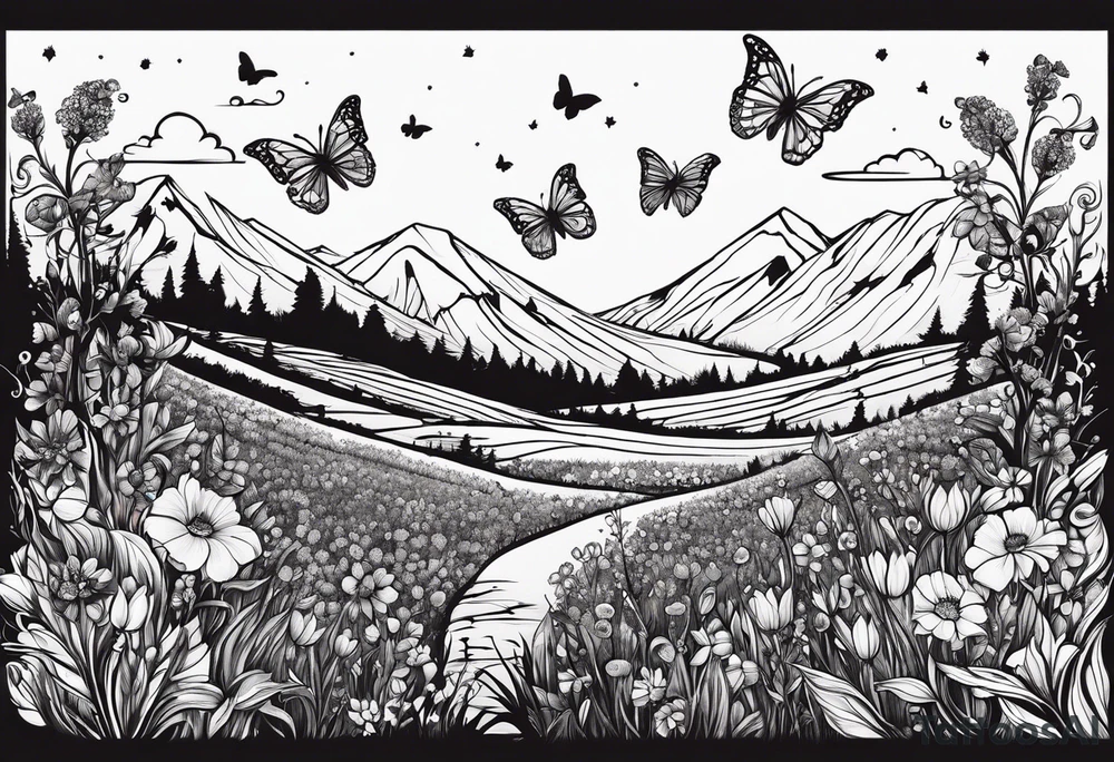 Wildflower field with "Ruby" in calligraphy font and butterflies around it tattoo idea