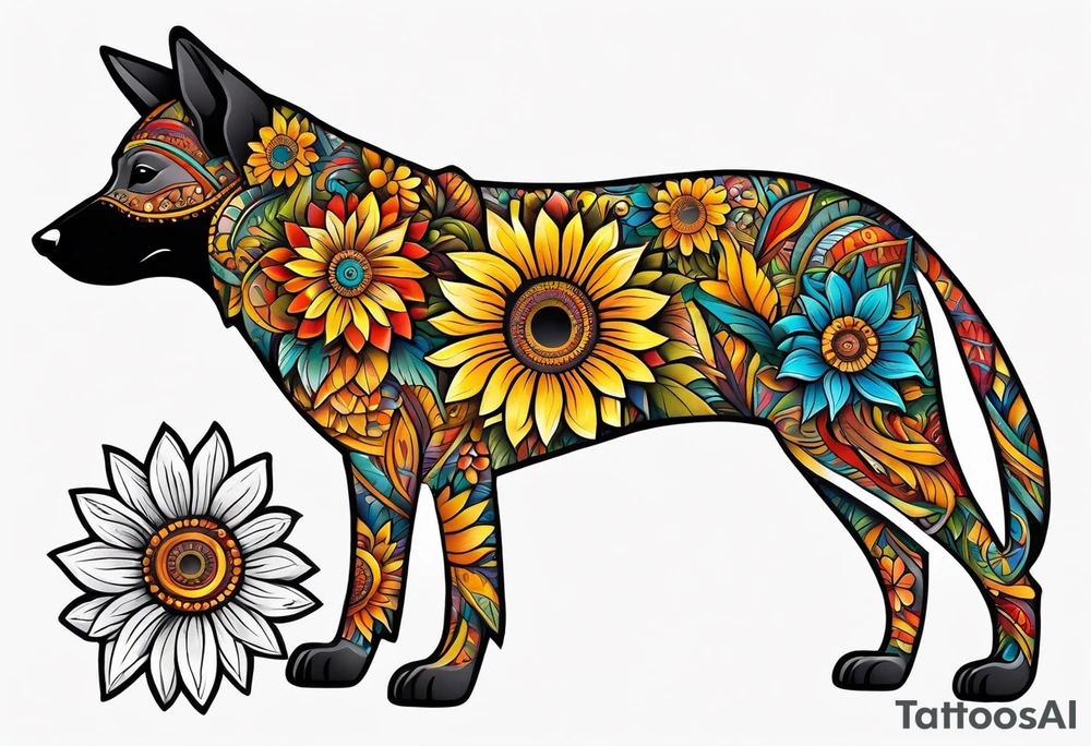 Alebrije dog with sunflowers tattoo idea