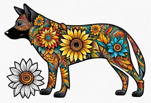 Alebrije dog with sunflowers tattoo idea