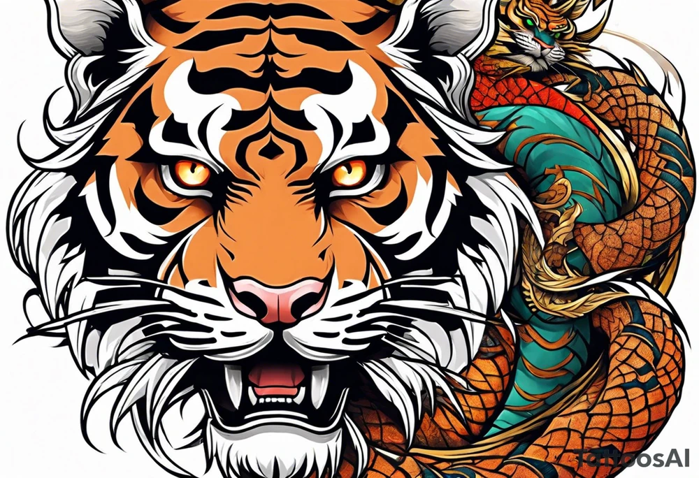 tiger on shoulder and dragon on bicep ying yang contrast tattoo idea