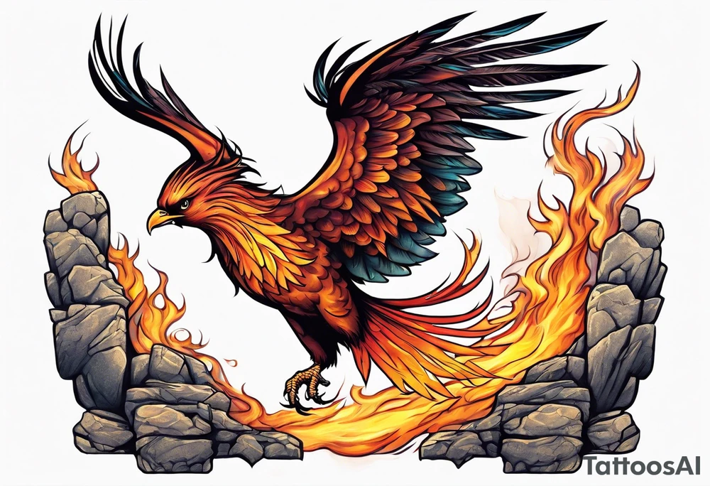 phoenix flying out of a stone alter tattoo idea