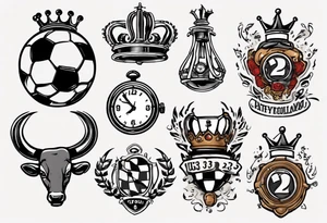 Ballon de football avec le numéro23 ,  une horloge avec une couronne,  le tout avec au fond un taureau tattoo idea