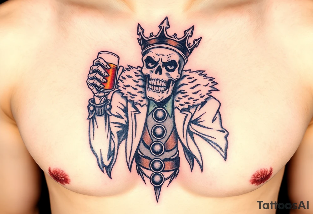 evil skeleton king in clothes having a good time getting drunk tattoo idea