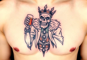evil skeleton king in clothes having a good time getting drunk tattoo idea