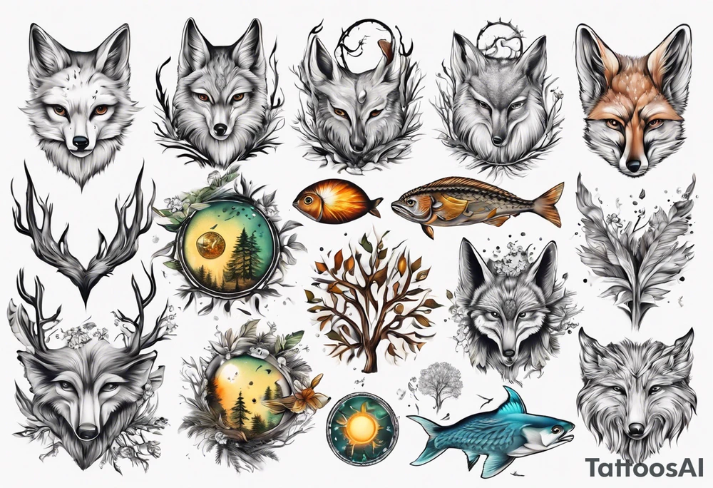 sonne, eule  wald, fuchs 
baum, sapere aude, Wasser, fisch tattoo idea