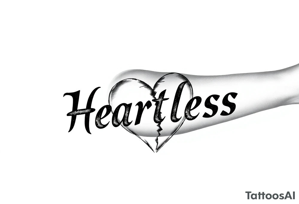 Broken heartHeartless words written in majuscule with broken real heart design tattoo idea