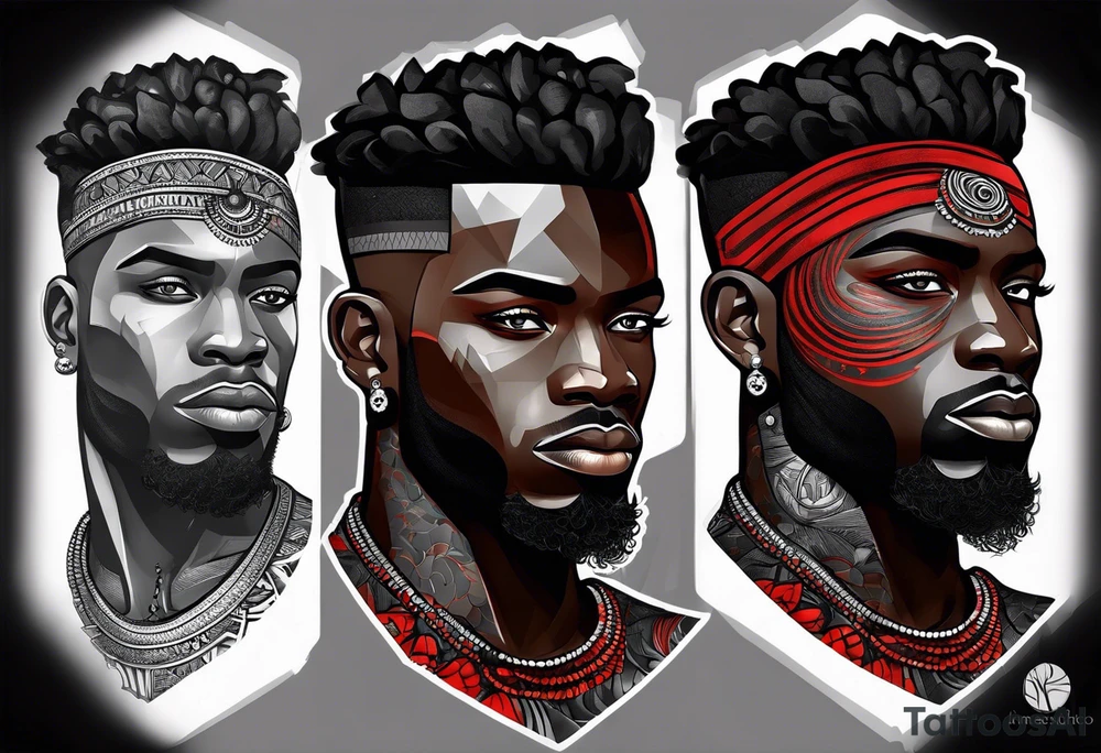 homem divindade africano realista em preto e cinza com os olhos vermelhos. Fundo da imagem com tons vermelhos. braço tattoo idea