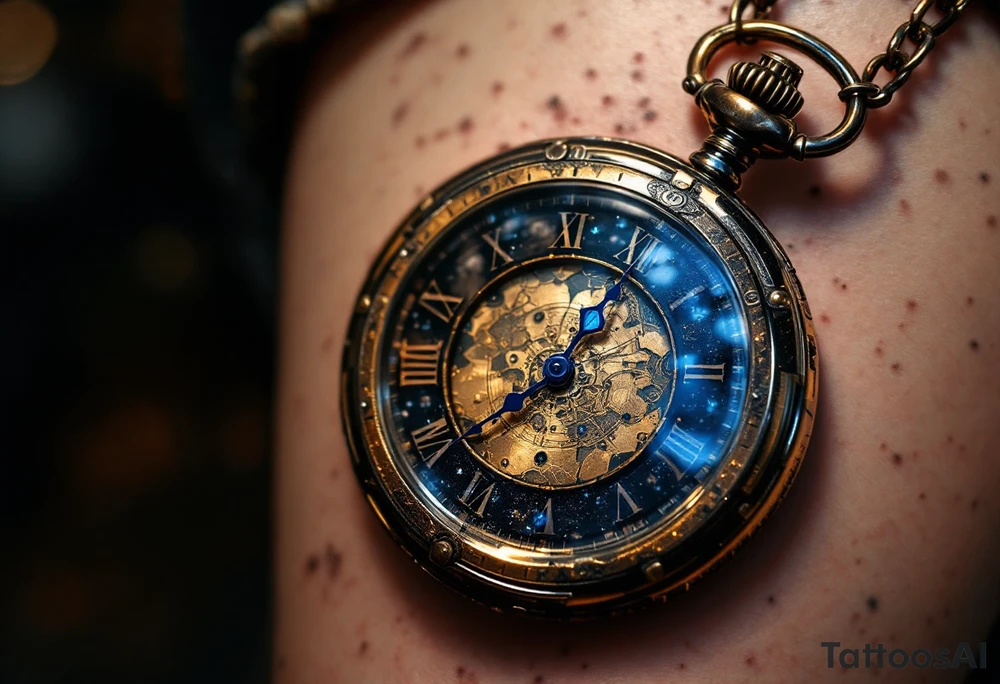 A metallic pocket watch frozen at the wedding time, reflecting deep brass gold and royal navy blue, giving an antique effect. tattoo idea