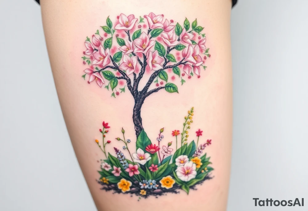 Lilly of the vally plants underneath a blooming hawthorn tree with other colorful lilly plants on ground tattoo idea