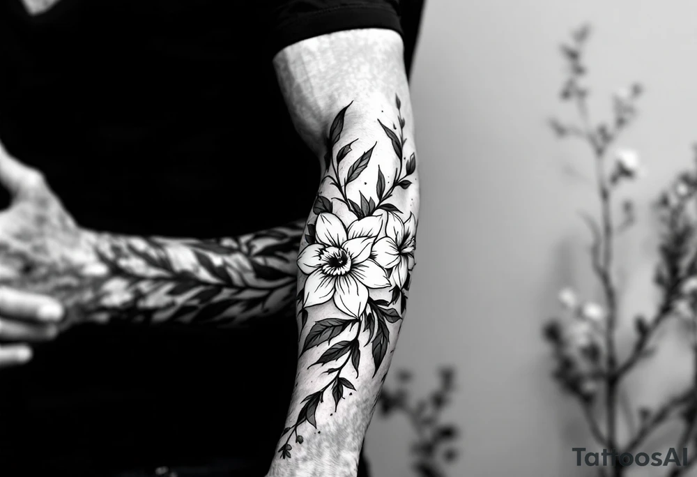 starting from a band mid-forearm, a sleeve of holly flowers and daffodils tattoo idea