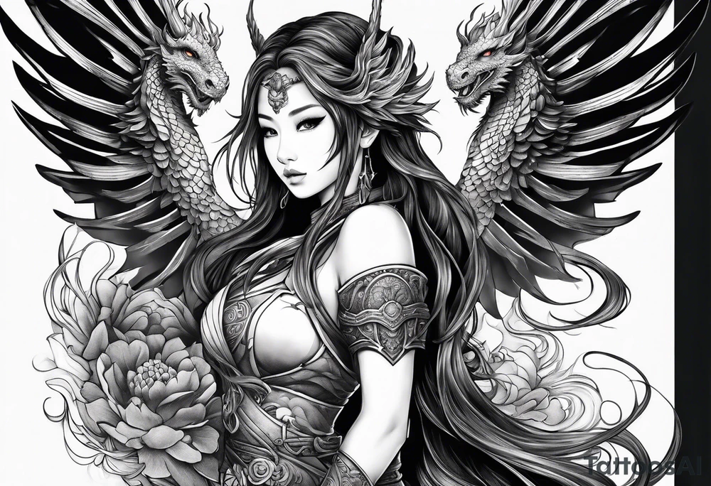 beautiful warrior nymph with wings and a dragon friend tattoo idea