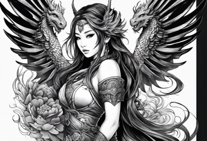 beautiful warrior nymph with wings and a dragon friend tattoo idea