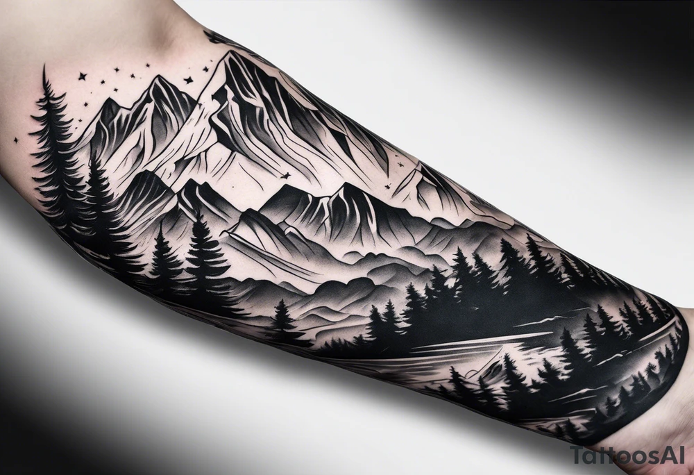Arm sleeve with a mountain tattoo idea