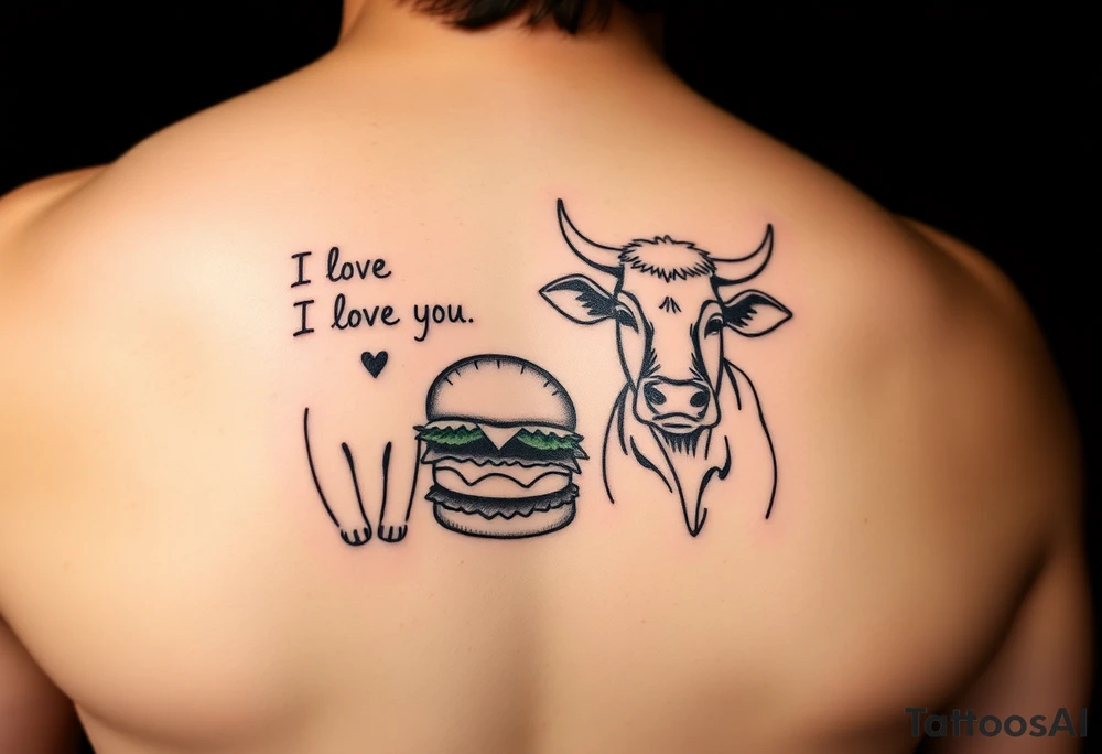 A cat saying I love you cheeseburger and a cow saying I love you king pao chicken tattoo idea