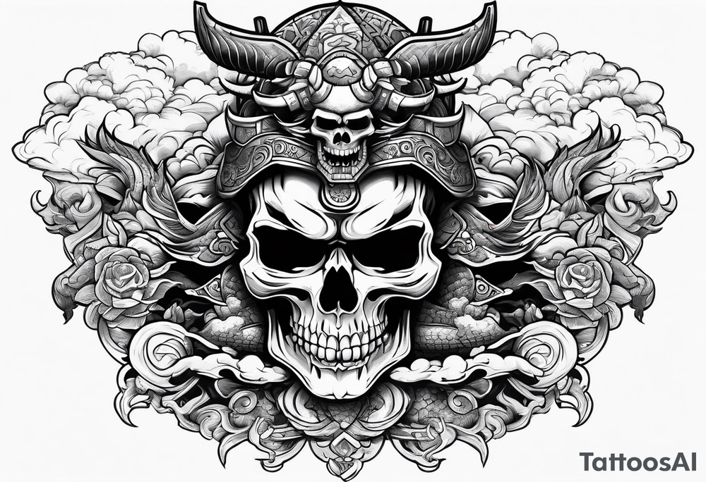 Powerful Majestic Samurai skull on top of dragon with clouds on boarder tattoo idea