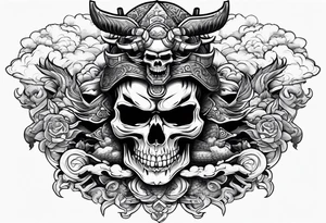 Powerful Majestic Samurai skull on top of dragon with clouds on boarder tattoo idea