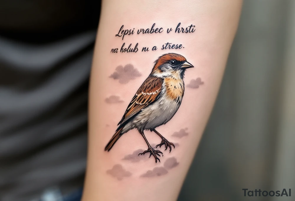 "Lepsi vrabec v hrsti nez holub na strese." — A realistic sparrow shaded in warm browns perched on a hand, with soft gray clouds and the quote curved above in black ink. tattoo idea