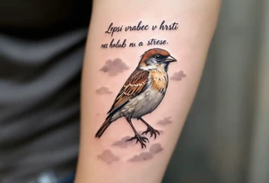 "Lepsi vrabec v hrsti nez holub na strese." — A realistic sparrow shaded in warm browns perched on a hand, with soft gray clouds and the quote curved above in black ink. tattoo idea