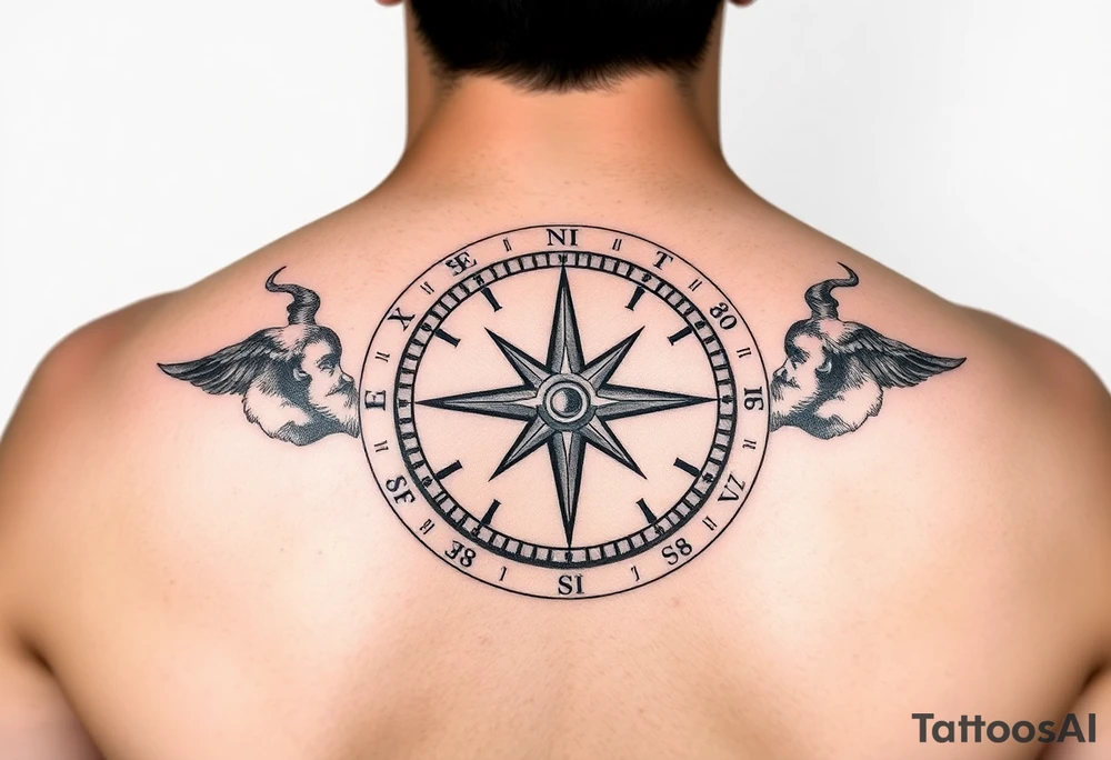 A compass with a Sagittarius arrow at its center, surrounded by delicate map details in black and gold tattoo idea