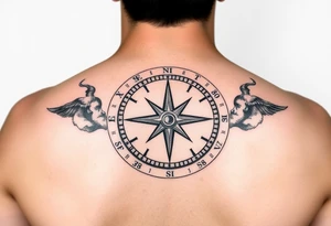 A compass with a Sagittarius arrow at its center, surrounded by delicate map details in black and gold tattoo idea