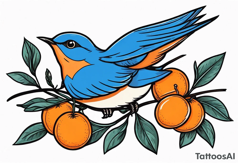 traditional bluebird in flight holding orange blossom branch tattoo idea