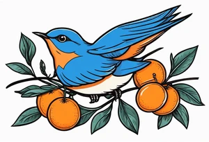 traditional bluebird in flight holding orange blossom branch tattoo idea