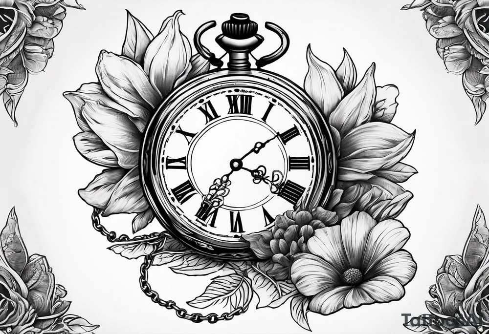 pocket watch with sunset background tattoo idea