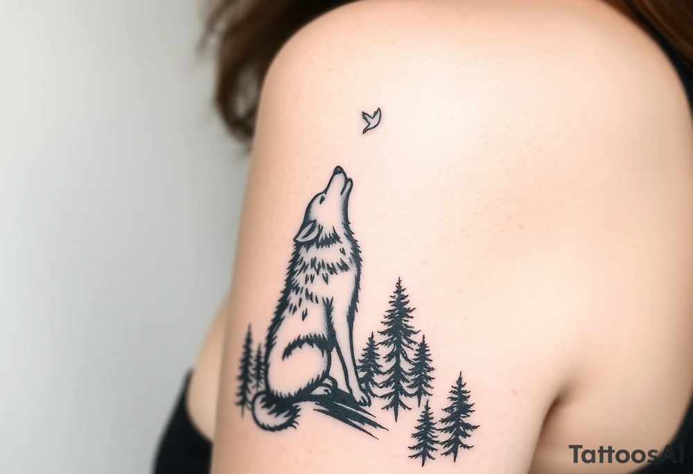 Lone wolf howling at the moon stars in the night sky in a forest with a little dove in the sky tattoo idea