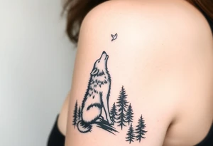 Lone wolf howling at the moon stars in the night sky in a forest with a little dove in the sky tattoo idea