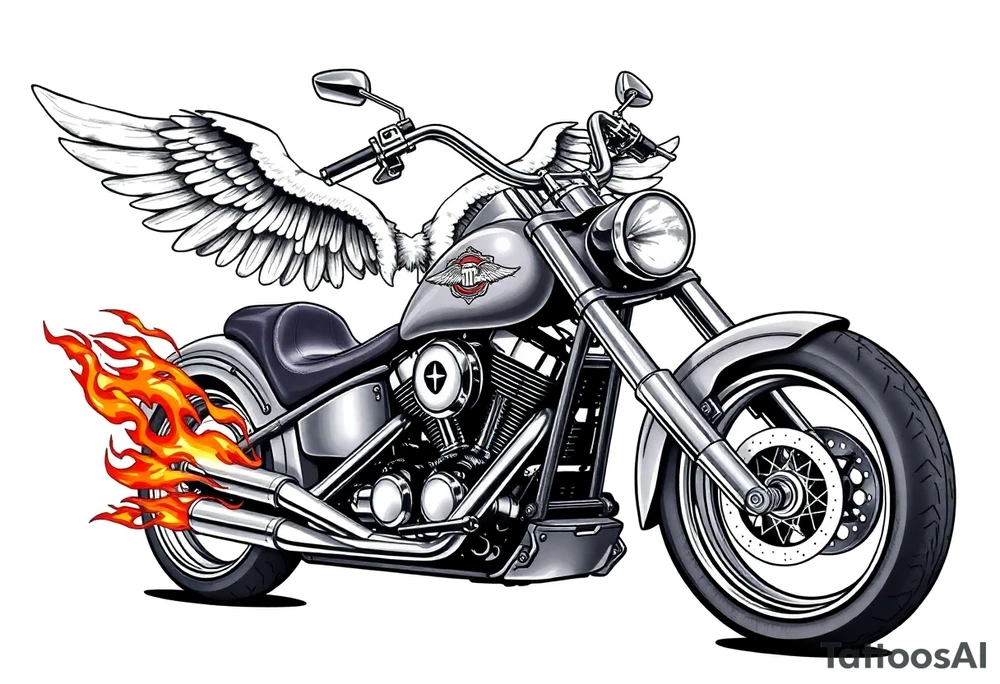 Low rider grey motorcycle, big muffler pipes with flames, angel wings, driving away, no person tattoo idea