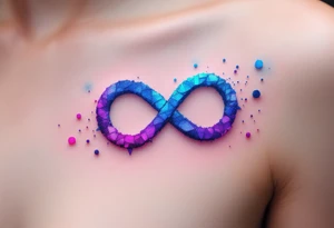 A glitch-effect infinity, made of fragmented pixels in neon blue and purple, representing a digital love that never fades. tattoo idea