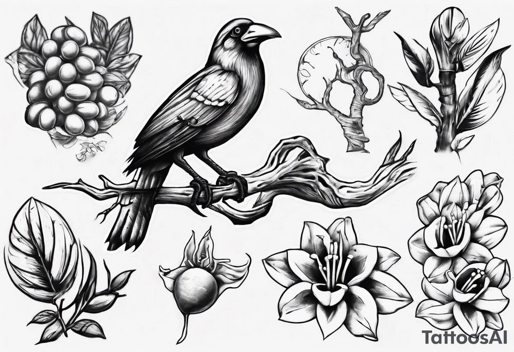 Doctor Bird. Ackee. Tree root. Family initials tattoo idea