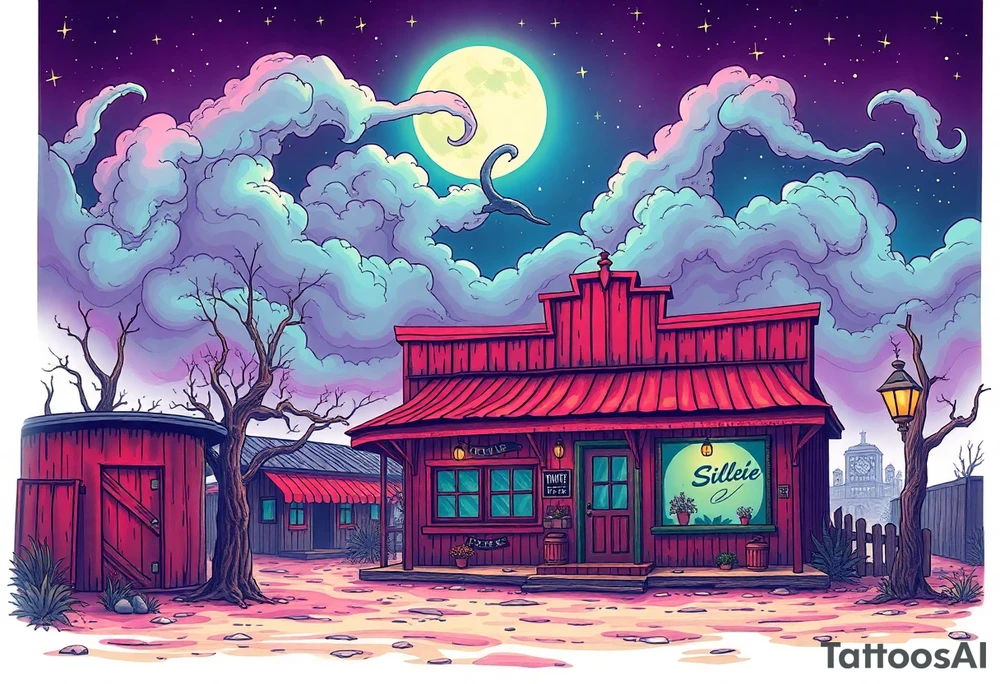 Tim Burton’s old western cowboy texas brothel r from outside view is the street abandoned and dripping with muted reds, dusty pinks, and eerie green glow purple and cyan smokey clouds swirl and dance in the moonlit night sky filled with twinkling stars  tattoo idea tattoo idea