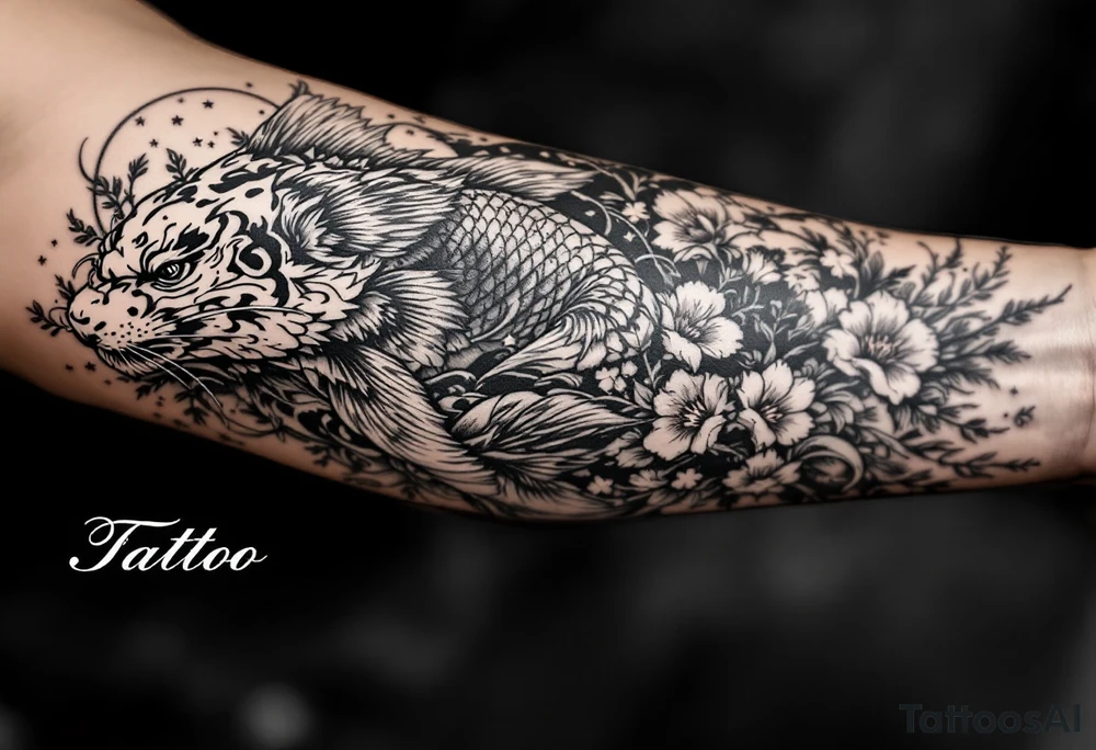 Full arm sleeve, one koi fish, one tiger, the sun, cherry blossom filler, beautiful tattoo idea