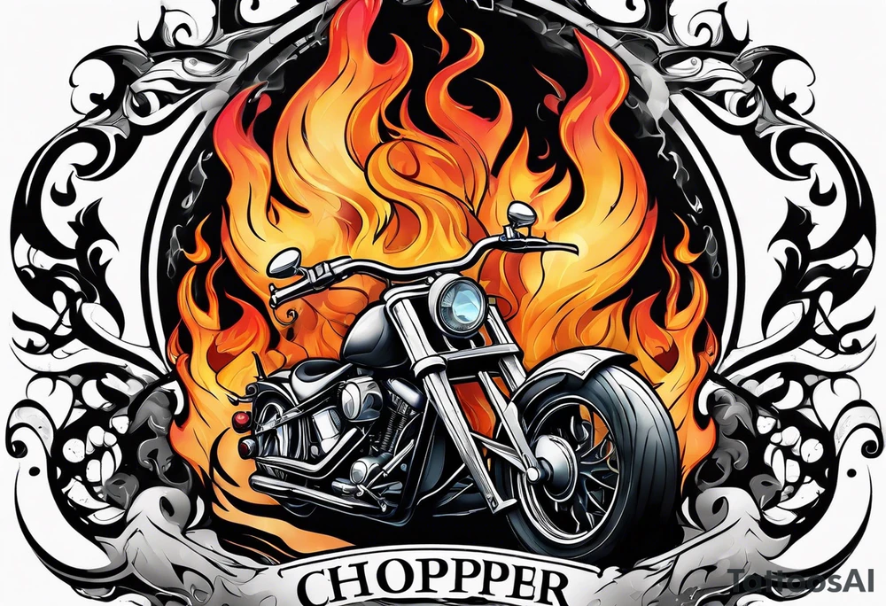 Flame letter font of word CHOPPER with smoke background tattoo idea