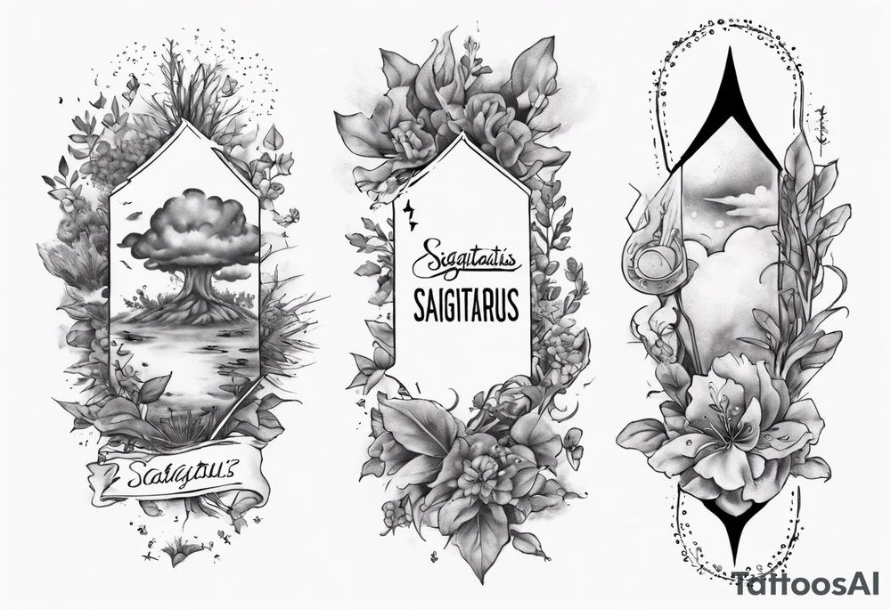 a forearm tattoo with a cloud with little plants around the word sagittarius and underneath it the date 12.08.05 tattoo idea