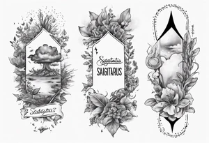 a forearm tattoo with a cloud with little plants around the word sagittarius and underneath it the date 12.08.05 tattoo idea
