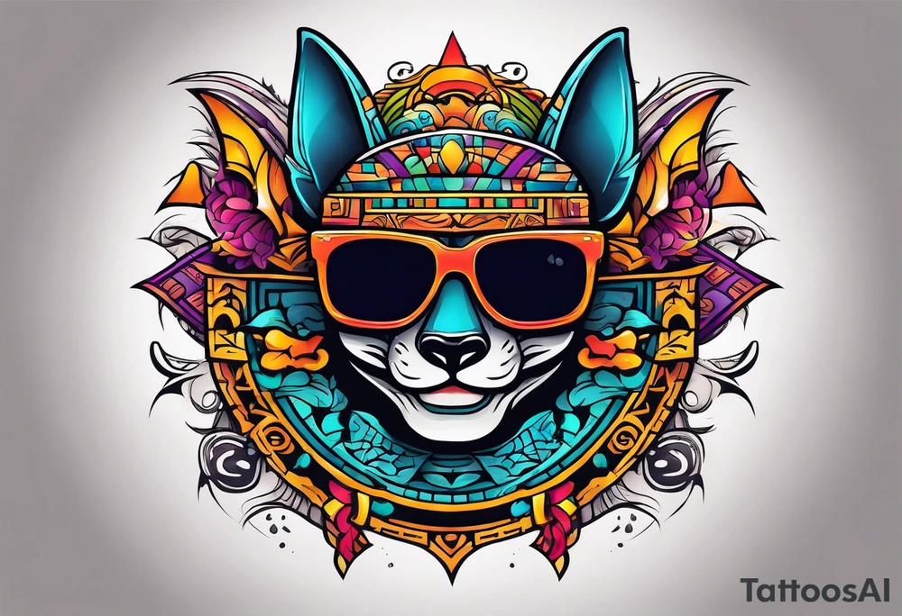 Colorful Mayan hieroglyph wearing sunglasses with bats and water tattoo idea