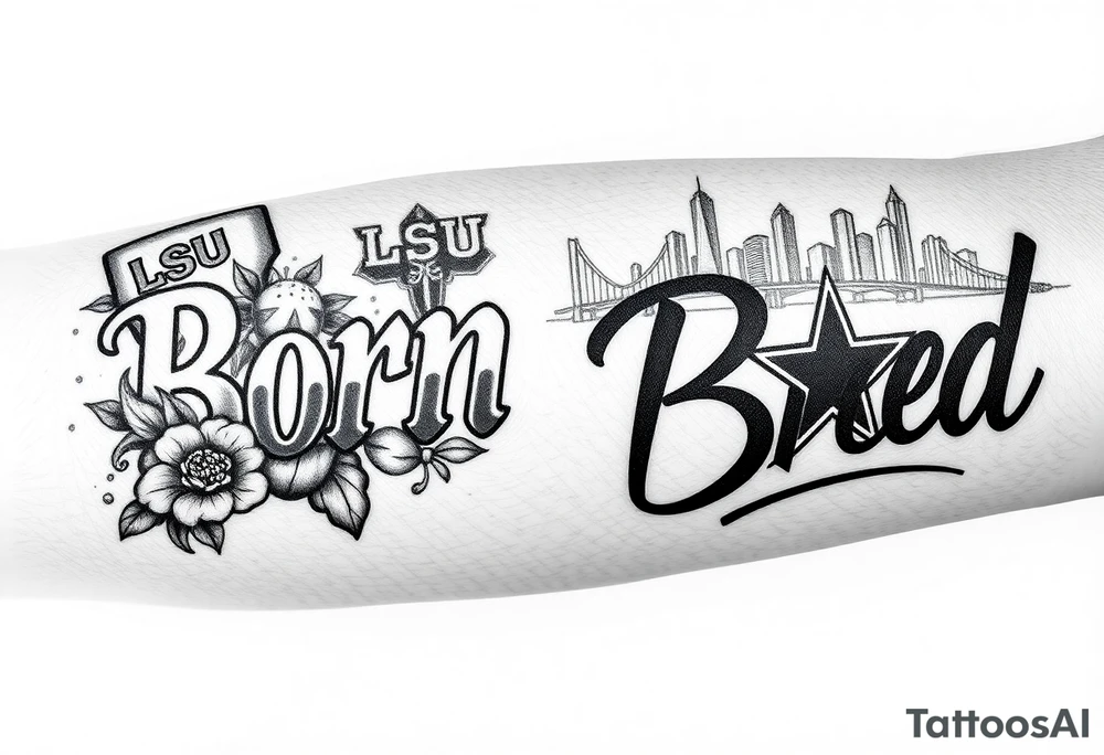 Calf sleeve, black and grey ink. The word “ “Born” outlined boldly on one side and “Bred” outlined boldly on the other side. 
The side with “Born” surrounded by Louisiana artifacts such as LSU logo, SU logo, a detailed magnolia flower, and Mississippi River bridge in the backdrop. 
On the side with the word Bred, Dallas skyline in the background with a Dallas cowboys star somewhere as well as a Pegasus logo. I would like a sleeve on the lower leg tattoo idea
